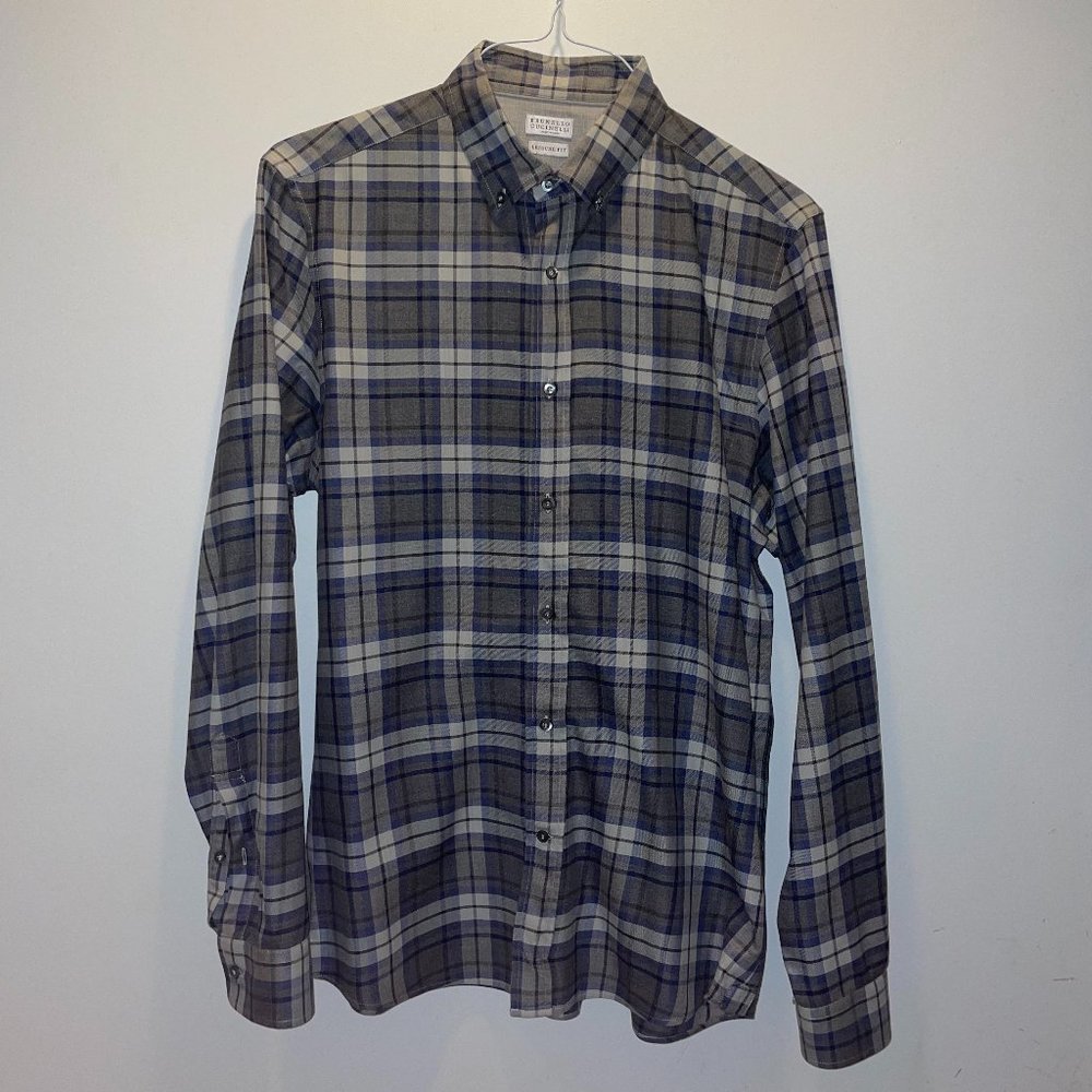 Brunello Cucinelli Men's Button Down Dress Shirt Grey Checkered Plaid